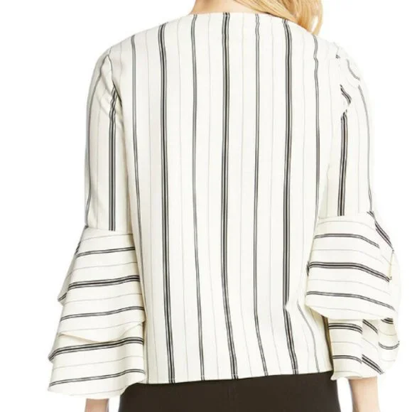 Karen Kane Ivory/Black Stripe Stretch Crepe Tiered Bell Sleeve Top - Picture 3 of 6